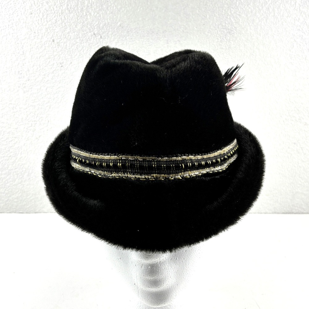 Vintage Faux Fur Fedora Hat Mens Large Black Excellent Ear Flaps Feather Pin - Picture 3 of 6